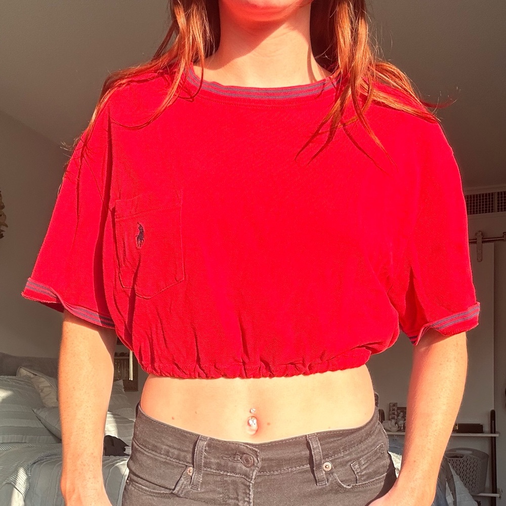 Repurposed sinched polo crop top